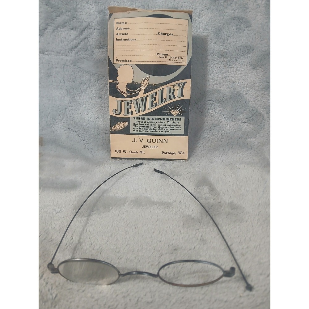 Antique Wire Rim Oval Spectacles Glasses with 1941 J.V. Quinn‎ Jeweler Envelope